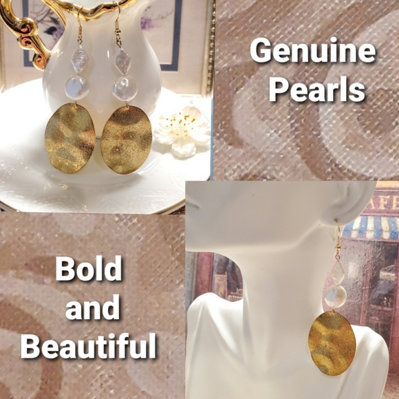 NEW Genuine Pearl Gold Boho Earrings - Picture 3 of 11